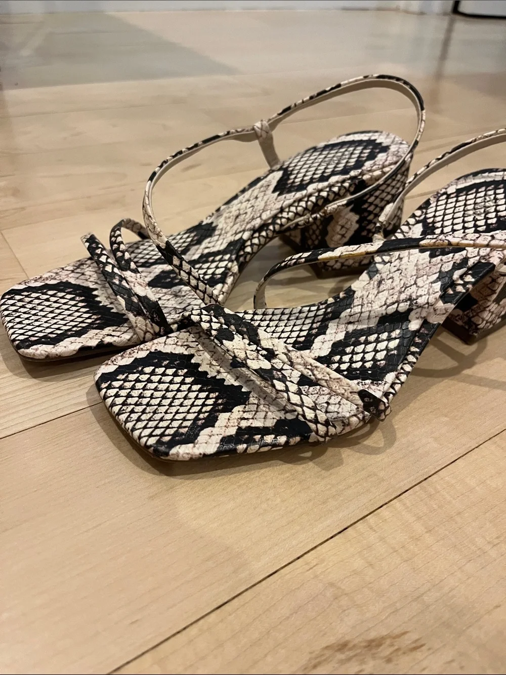 Zara Black & Cream Snake-Print Strappy Sandals